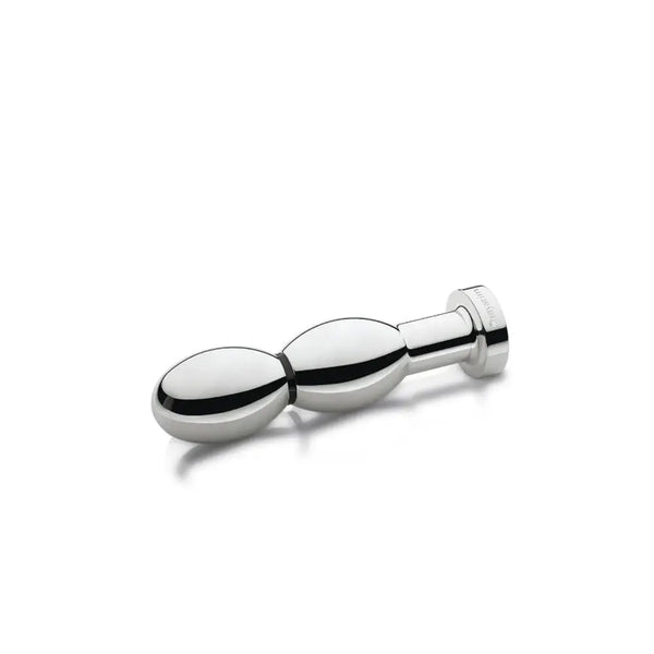 Mystim O(h!)-thello polished stainless steel oval dildo shown at a side angle