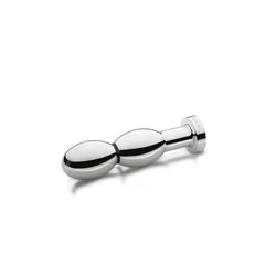Mystim O(h!)-thello polished stainless steel oval dildo shown at a side angle