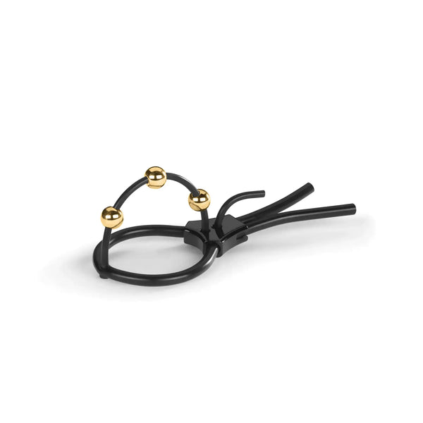 Mystim Pearly Pete corona strap in black with four gold-tone beads and adjustable lasso ends
