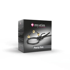 Mystim Pearly Pete packaging box showing product name and gold-bead corona strap design