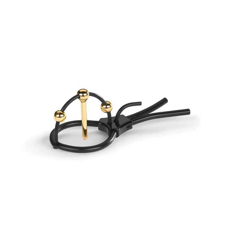 Mystim Plunging Pete corona strap with gold-tone urethral sound and black silicone rings