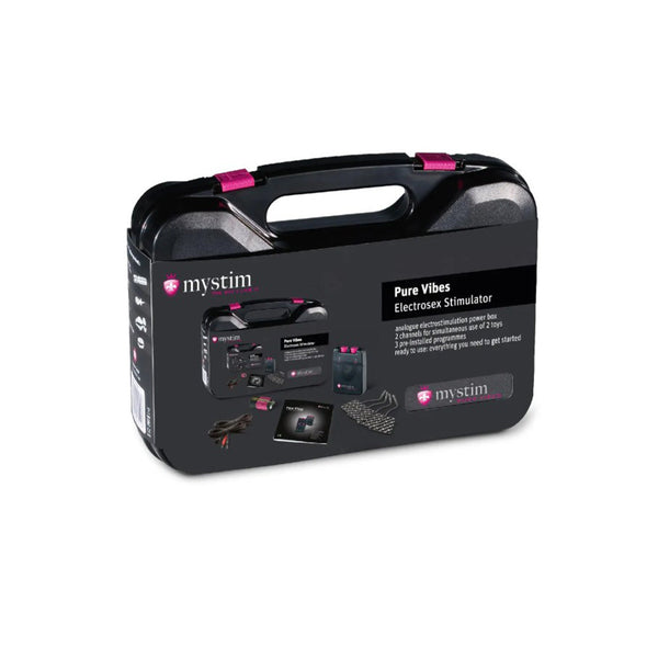 Mystim Pure Vibes Electrosex Stimulator hard carry case, closed, showing branded packaging label