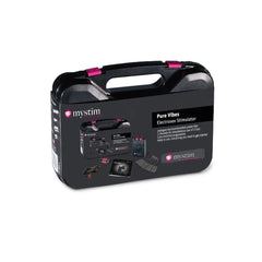 Mystim Pure Vibes Electrosex Stimulator hard carry case, closed, showing branded packaging label