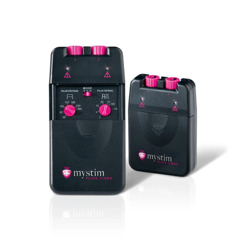 Mystim Pure Vibes electrosex stimulator units in black with pink control knobs, front view