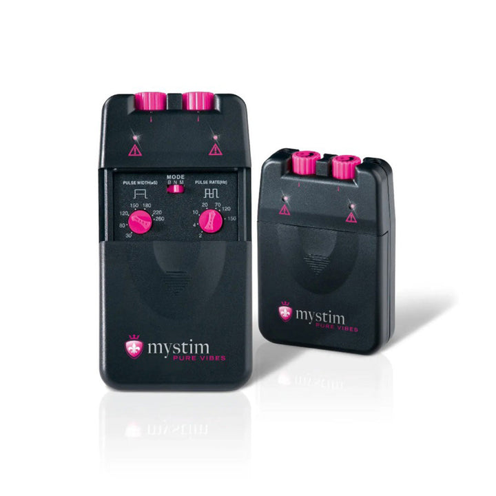Mystim Pure Vibes electrosex stimulator units in black with pink control knobs, front view