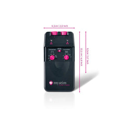 Mystim Pure Vibes stimulator with dimensions shown: 6.5 cm wide by 12.5 cm tall