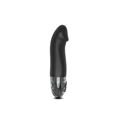 Mystim Real Deal Neal eStim Vibrator in matte black with curved silicone shaft, side view