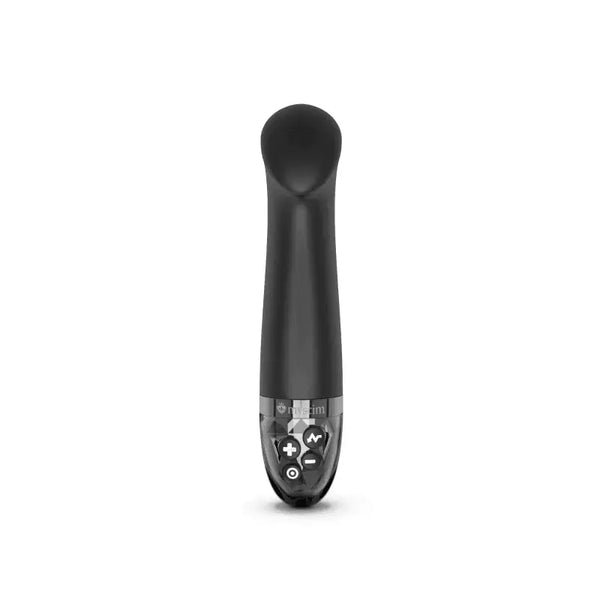 Mystim Right on Ron eStim vibrator in black with visible control buttons on clear base