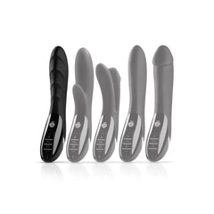 Mystim Sizzling Simon shown alongside four compatible silicone attachment head variants