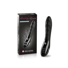 Mystim Sizzling Simon vibrator beside its black retail box with product branding