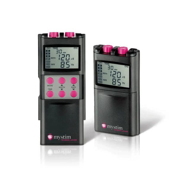 Mystim Tension Lover dual-channel TENS unit shown front and side view, black with pink controls