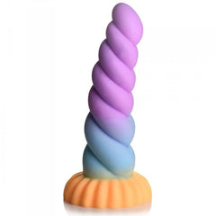 Mystique unicorn dildo standing upright showing full spiral texture and colour gradient