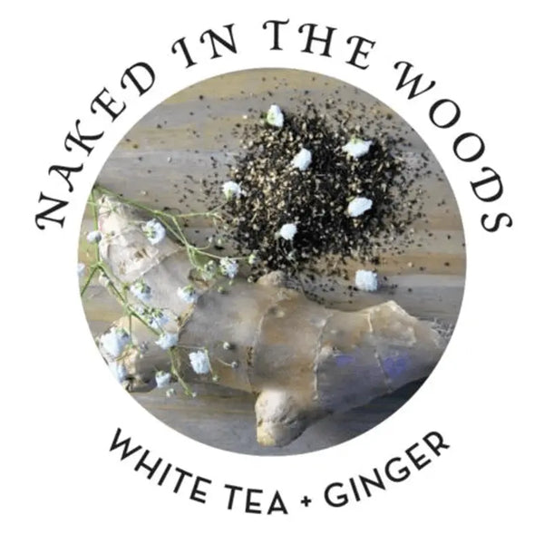 Naked in the Woods scent label showing white tea and ginger botanicals with hemp seeds