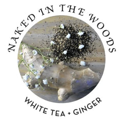 Naked in the Woods scent label showing white tea and ginger botanicals with hemp seeds