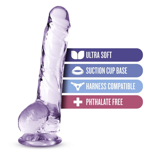 Naturally Yours Dildo feature callouts: ultra soft, suction base, harness compatible, phthalate free