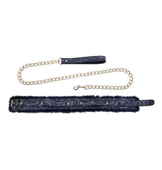 Navy fur collar with gold hardware buckle, D-ring, and lobster clasp detail