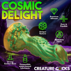 Nebula dildo feature graphic highlighting premium silicone, firm flexible build, suction base