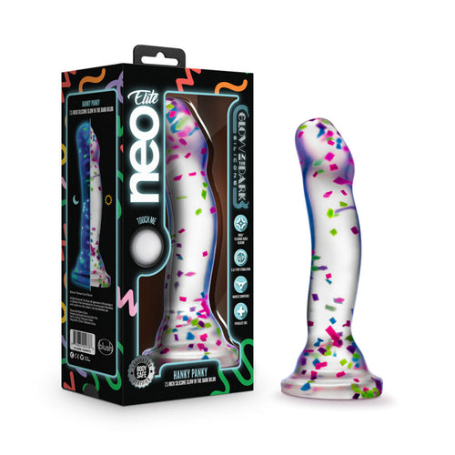 Neo Elite Hanky Panky Confetti Glow dildo beside its colorful retail box by Blush