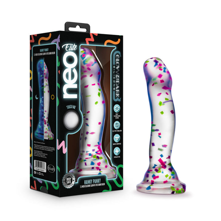 Neo Elite Hanky Panky Confetti Glow dildo beside its colorful retail box by Blush