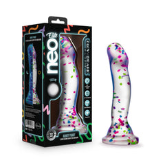 Neo Elite Hanky Panky Confetti Glow dildo beside its colorful retail box by Blush