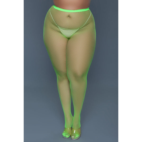 Neon green fishnet pantyhose front view, semi-sheer wide-hole mesh with elasticated waist