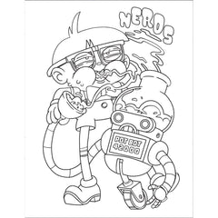 Nerds themed coloring page featuring a robot character labeled Pot Bot 42000