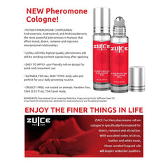 New Zuice pheromone cologne product features list beside two roll-on bottles and rose backdrop