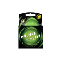 Night Light Glow In The Dark Condoms 3-pack in black and green packaging