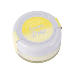 Nipple Nibblers Lemon Drop cocktail balm closed jar with yellow and silver lid, angled side view