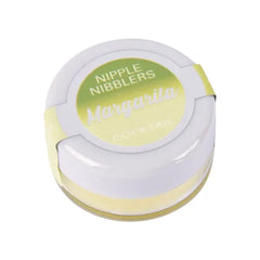 Nipple Nibblers Margarita pleasure balm in compact white lidded jar, side angle view