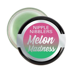 Nipple Nibblers Melon Madness balm jar open showing smooth mint-green tinted formula inside