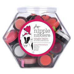 Nipple Nibblers tingle balm fishbowl display showing colorful paraben-free assorted flavor jars