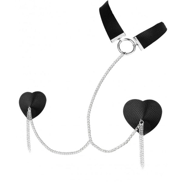 Nipplicious Dominatrix black heart pasties with silver chain and choker collar set