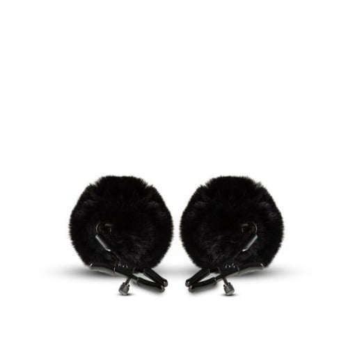 Noir Pom Adjustable Nipple Clamps in black with fluffy faux-fur pom-pom detail, pair shown