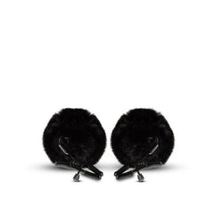Noir Pom Adjustable Nipple Clamps in black with fluffy faux-fur pom-pom detail, pair shown
