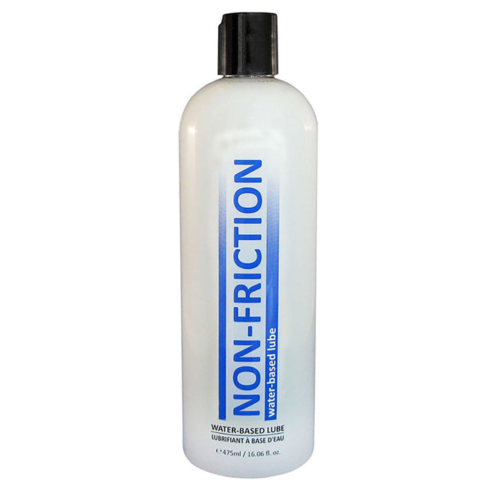Non-Friction Water Based Lube 16 oz bottle with flip-top cap, clear formula visible
