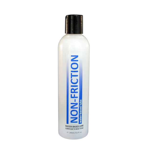 Non-Friction Water Based Lube 8 oz white bottle with flip-top cap and blue label