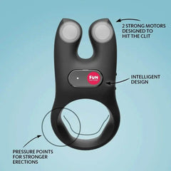 NŌS cock ring diagram showing dual motors, pressure points on ring base, and intelligent design label