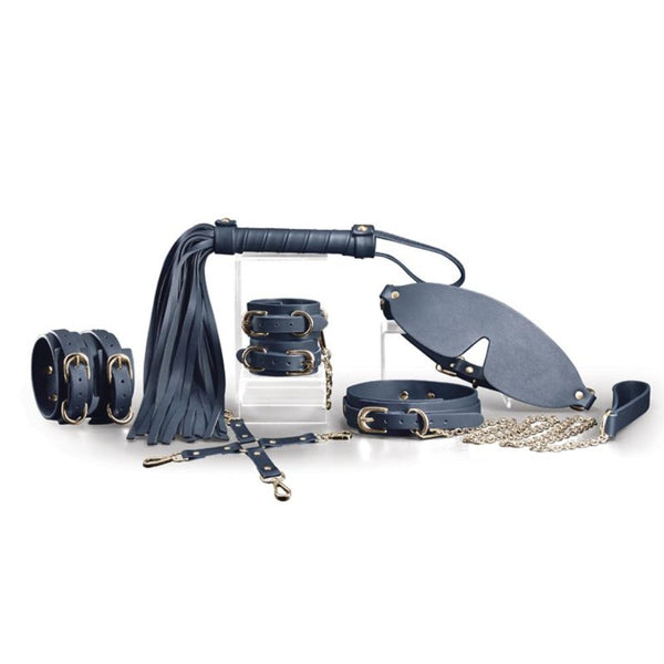 NS Novelties Bondage Couture 6-piece blue faux-leather restraint and accessory set