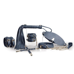 NS Novelties Bondage Couture 6-piece blue faux-leather restraint and accessory set