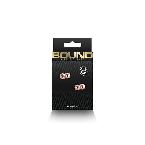NS Novelties Bound M1 Nipple Clamps packaging displaying rose gold magnetic ball design