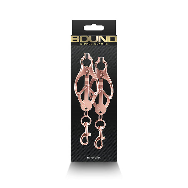 NS Novelties Bound Nipple Clamps C3 rose gold displayed in black retail packaging with gold branding