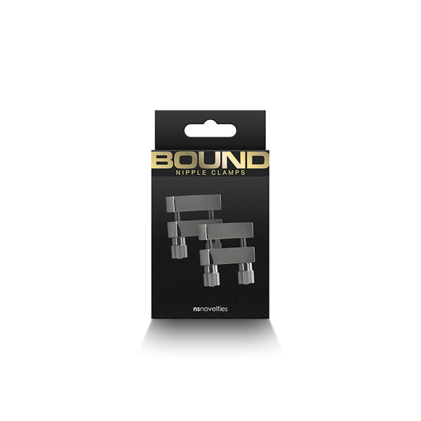 NS Novelties Bound Nipple Clamps V1 in retail packaging with gold foil branding on black box