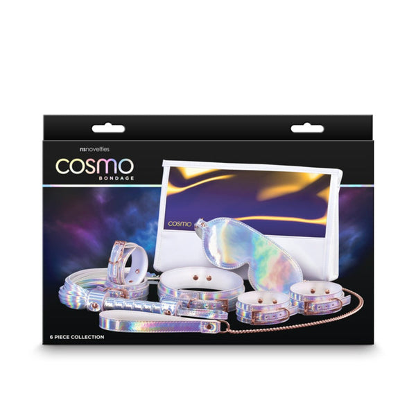 NS Novelties Cosmo Bondage 6-piece collection shown in retail box with iridescent storage pouch included