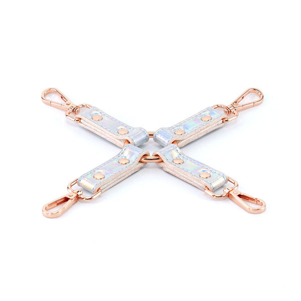 NS Novelties Cosmo Bondage Hogtie in rainbow holographic faux leather with rose gold hardware
