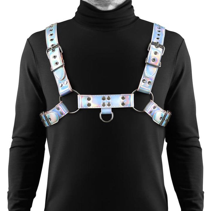 NS Novelties Cosmo Harness Dare L/X in holographic faux leather, front chest view with D-ring