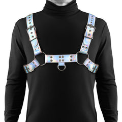 NS Novelties Cosmo Harness Dare L/X in holographic faux leather, front chest view with D-ring