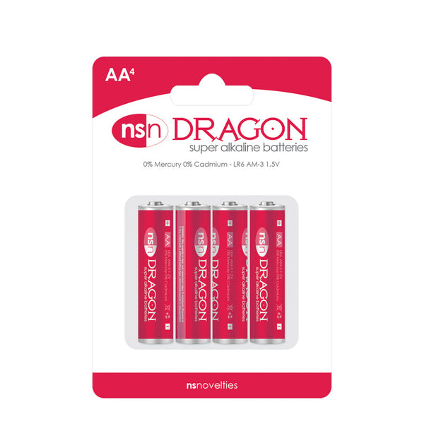 NS Novelties Dragon AA super alkaline batteries, 4-pack blister card, red and silver