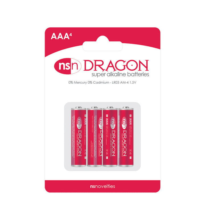 NS Novelties Dragon AAA super alkaline batteries, 4-pack in red blister card packaging