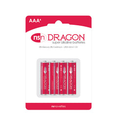 NS Novelties Dragon AAA super alkaline batteries, 4-pack in red blister card packaging